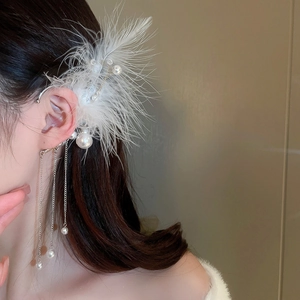 Detail of feather earring with pearl tassels, non-piercing ear clip on model side view