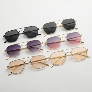 Modern double bridge geometric metal sunglasses set in various gradient lens colors