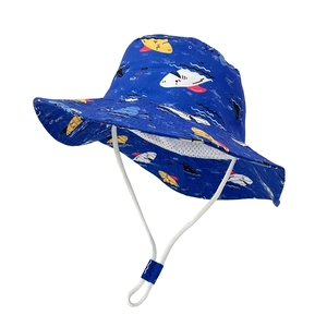 Detail of wide brim kids sun hat with shark print, windproof rope and mesh lining