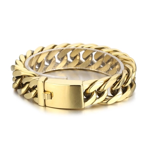 Polished gold stainless steel Cuban link bracelet for men with secure box clasp design