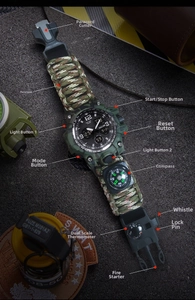 Detail view of survival watch with paracord strap, compass, and built-in fire starter kit