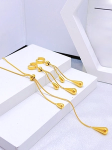 Detailed shot of gold-plated teardrop pendant necklace and hoop earring jewelry set