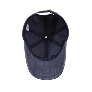 Interior view of vintage washed navy baseball cap with reinforced seams and adjustable strap