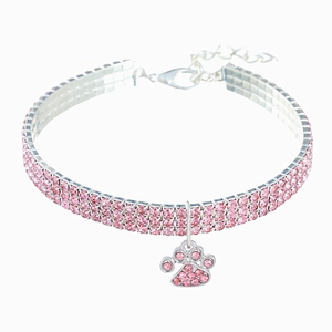 Three-row pink rhinestone pet collar with silver paw pendant for dogs and cats