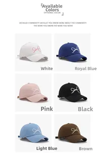 Detailed grid view of cotton baseball caps with bow embroidery in six various colors