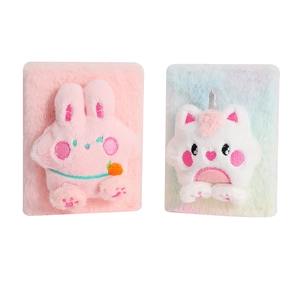 Detail of plush cartoon bunny and rainbow unicorn cat notebook covers with embroidery