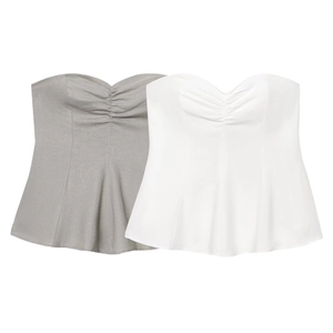 Women Strapless Tube Top Ruched Heart Neckline Peplum Backless Polyester Cotton Blend Elegant Sexy INS Style Blouse