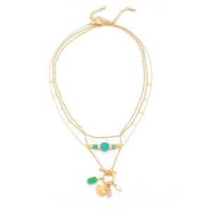 Collana a tre strati placcata oro 18 carati con pietre verdi, conchiglia e perla