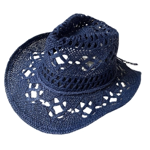 Handmade woven straw cowboy hat in navy blue with hollow pattern for sun protection