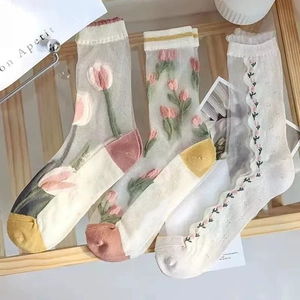 Chaussettes Transparentes En Mesh Pour Femmes Tulle Broderie Tulipe Respirant Style Mori Doux