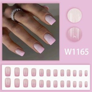 Pink gradient glitter press-on nails in medium square shape with glossy finish