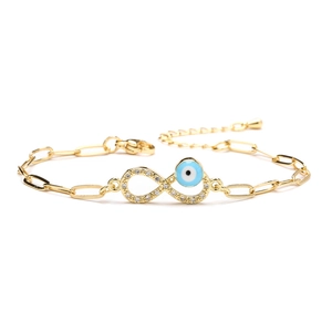 Gold-plated infinity and evil eye bracelet with white zircon and light blue enamel