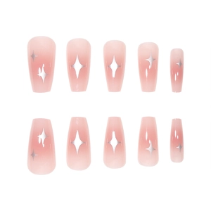 Pink gradient coffin fake nails with silver star patterns and glossy finish, 10-piece set
