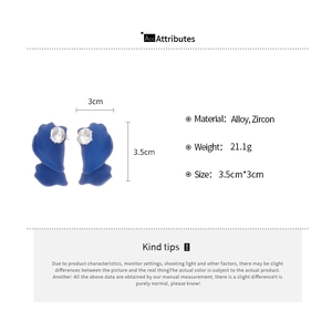 Detailed specs of royal blue petal earrings made of alloy and zircon with 3.5cm size