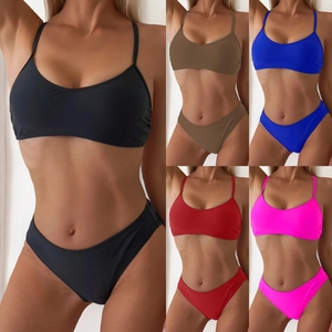 Women Bikini Swimsuit Solid Color Spaghetti Strap Metal Ring Back Sexy Beachwear Nylon Top And Bottoms