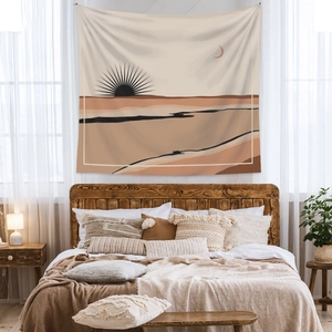Detailed view of bohemian wall tapestry featuring minimalist sun and moon geometric patterns
