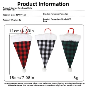 Detailed size specifications for red and green plaid Christmas cutlery holders with plush trim