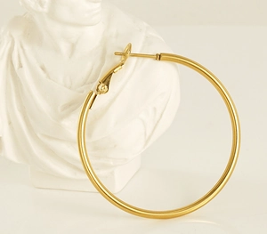 Detailed close-up of 18K gold-plated matte hoop earrings on a white aesthetic sculpture
