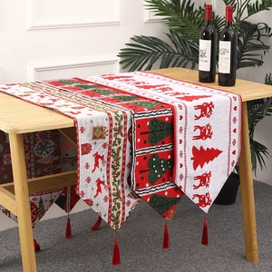 Christmas Table Runner Knitted Polyester Fabric Festive Santa Claus Reindeer Snowman Pattern Tassels Dining Decor Holiday