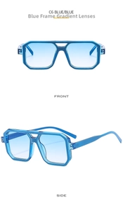 Detail view of blue pilot sunglasses with double bridge and gradient lenses