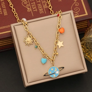 Colorful glass heart and crystal planet charms on a gold stainless steel chain necklace