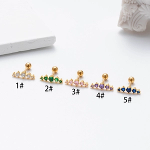 Golden stainless steel stud earrings set with colorful zircon stones in five vibrant colors