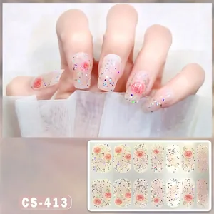 Detail of rose and sequin nail wraps with sweet pink glitter pattern, model CS-413