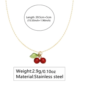 Detail of cherry necklace with size parameters showing gold chain and red pendant