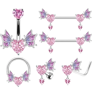 Piercing Corpo Rame Farfalla Cuore Ali Zircone Rosa Anello Ombelico Piercing Naso Capezzolo Orecchini Per Donna