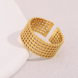 Detailed view of 18K gold plated mesh open ring featuring a wide honeycomb cutout design