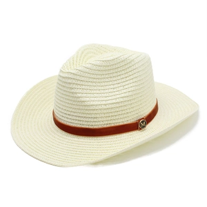 Detail of cream straw hat with brown velvet band and golden M logo hardware decoration