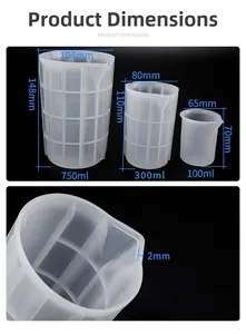 Size chart for 100ml to 750ml silicone measuring cups with detailed dimensions and capacity