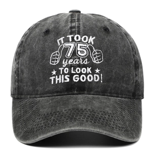 Washed cotton 70th birthday baseball cap in charcoal grey with white embroidery