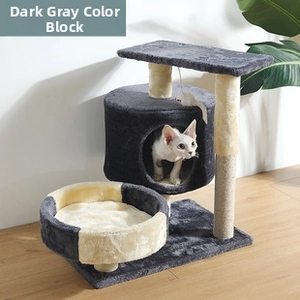 Detail of dark grey cat tree with sisal scratching posts and plush sleeping condo