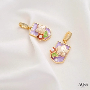 Detailed close-up of purple enamel flower pendants with baroque pearls and zircon stones
