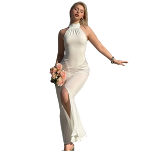 White sleeveless halter neck slim fit maxi dress with side slit and ruched details