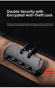 Detail of a 3-digit combination security lock on a brown anti-theft sling bag for men