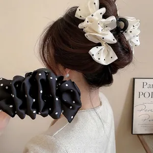 Large Hair Claw Clip French Retro Polka Dot Satin Fabric Pleated Bow Knot Elegant Headwear For Women Casual Versatile