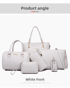 Detailed set of six white woven handbags including tote and crossbody bags with gold hardware
