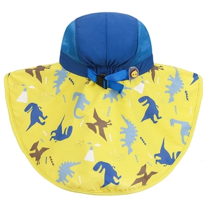 Chapeau de soleil enfant protège-nuque bleu jaune motif dinosaure maille aérée