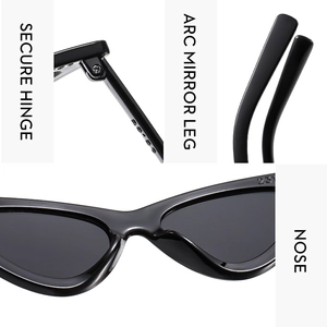 Detail view of cat eye sunglasses with secure hinges, arc legs, and comfort nose pads