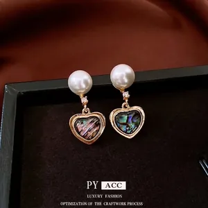 Boucles D'oreilles Cœur Vintage Avec Tige En Argent Sterling 925 Künstliche Perle D'imitation Nacre D'abalone Zircon Pour Femme
