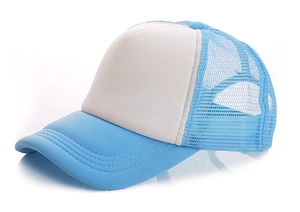 Detail view of a blue and white trucker hat with breathable mesh and foam front panel