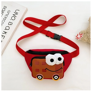Close-up of kids red cartoon bus nylon crossbody bag with adjustable buckle and cute wheels