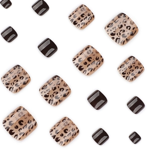 Short square leopard print and dark brown glossy press-on faux toenails for women
