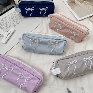 High-capacity bow embroidered canvas pencil cases in five colors with side handles