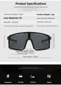Detailed technical specifications and dimensions of these outdoor sports cycling sunglasses