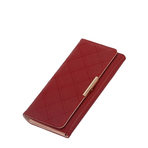 Elegant red long quilted wallet for women with high capacity and gold metal clasp decoration