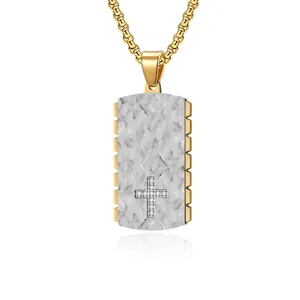 Men's Stainless Steel Rectangular Cross Pendant Necklace Hammered Texture Rhinestone Inlay Fashion Jewelry Gift
