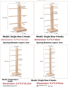 Size chart for wooden sunglasses display stands in 3 to 6 tiers with exact dimensions